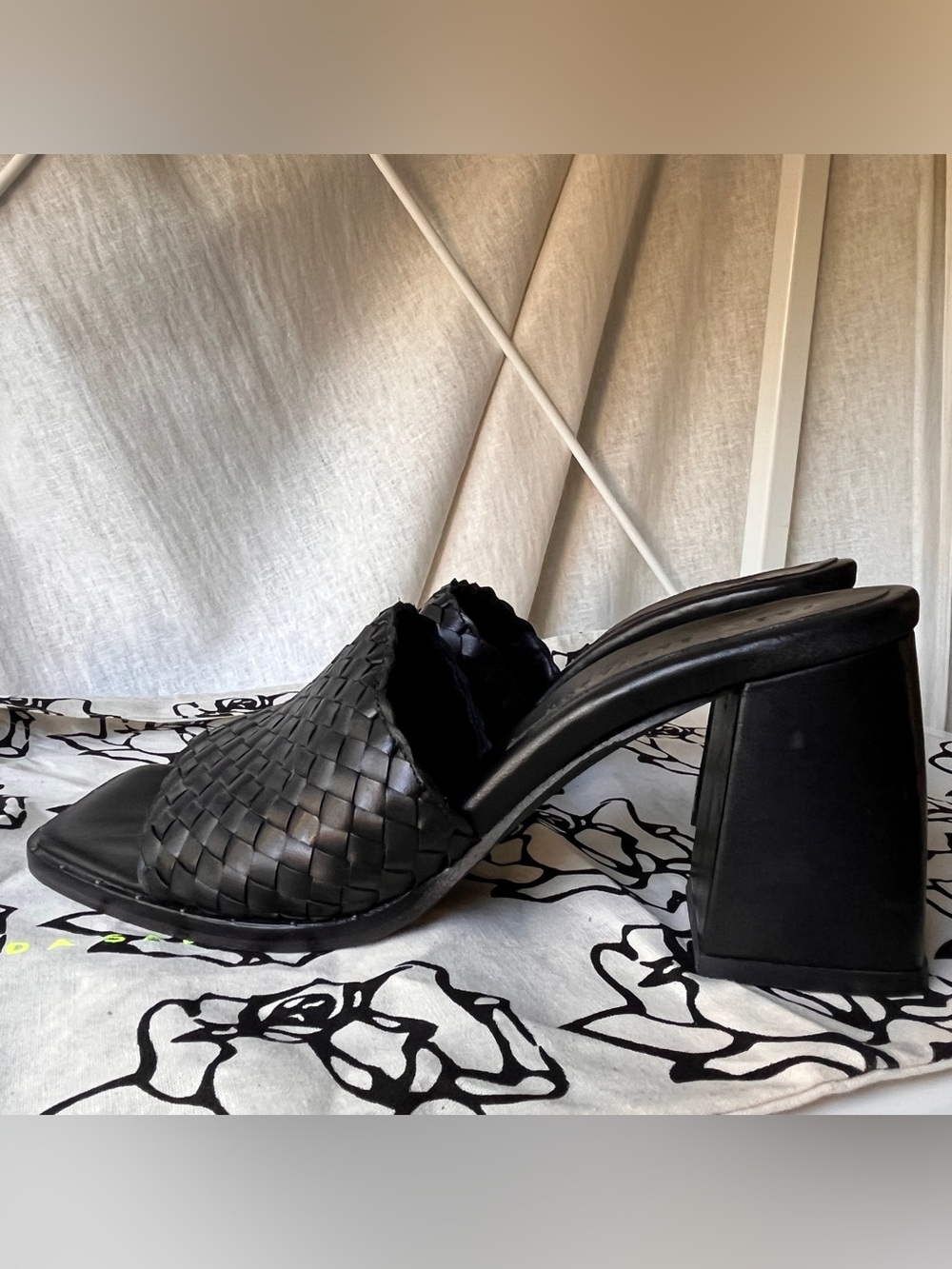 Freda Salvador Black Woven Rosie  Leather Mule Heels